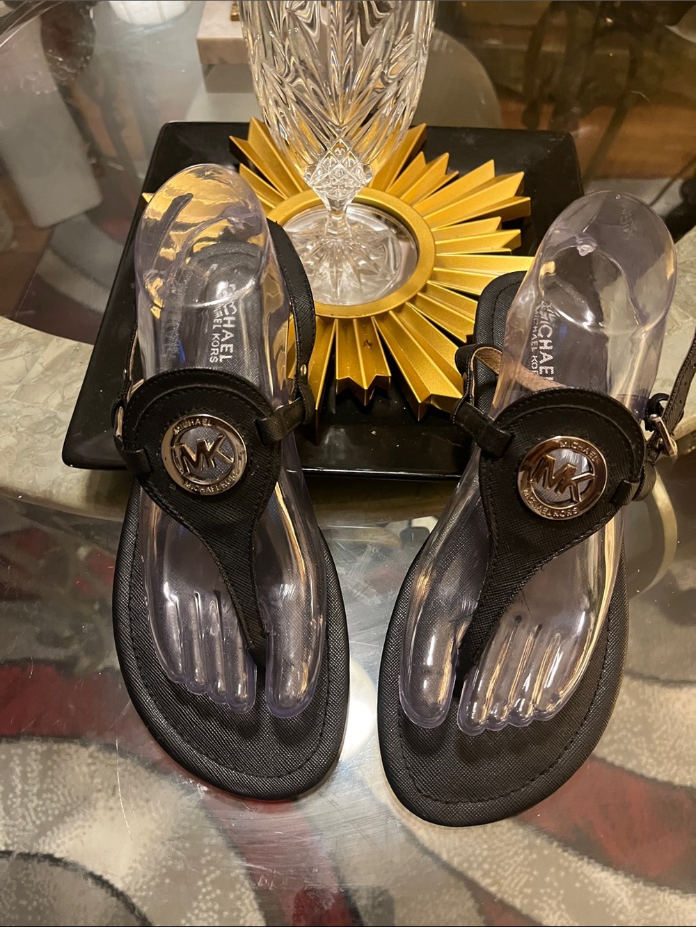 Michael Kors Black Logo Thong Sandals with Gold Medallion 💋